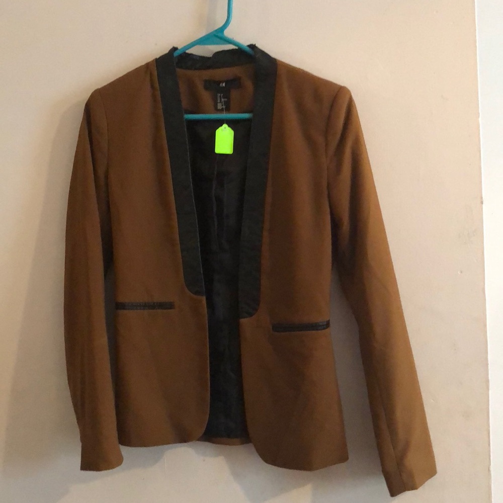 H&M mustard/tan blazer w/ faux leather trim